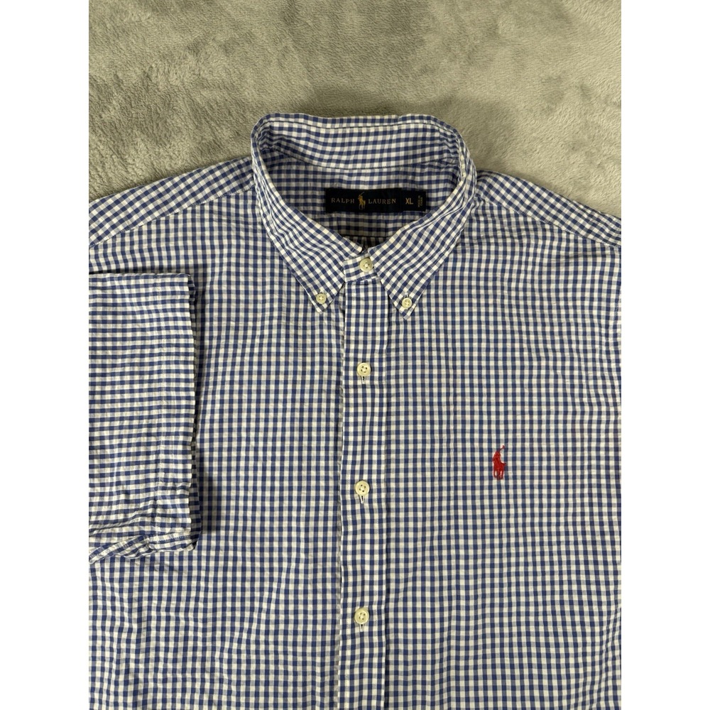 Ralph Lauren Seersucker Shirt Mens XL Blue White Check Short Sleeve Button Up